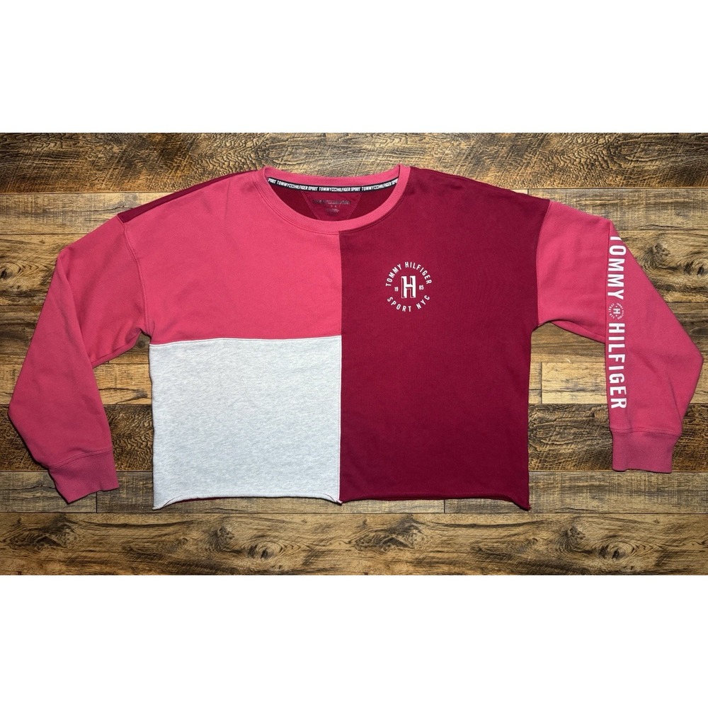 Sz L Tommy‎ Hilfiger Sport Women's Colorblock Sweater Long Sleeve Pink Red Shirt